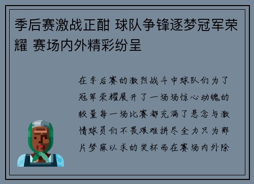 季后赛激战正酣 球队争锋逐梦冠军荣耀 赛场内外精彩纷呈